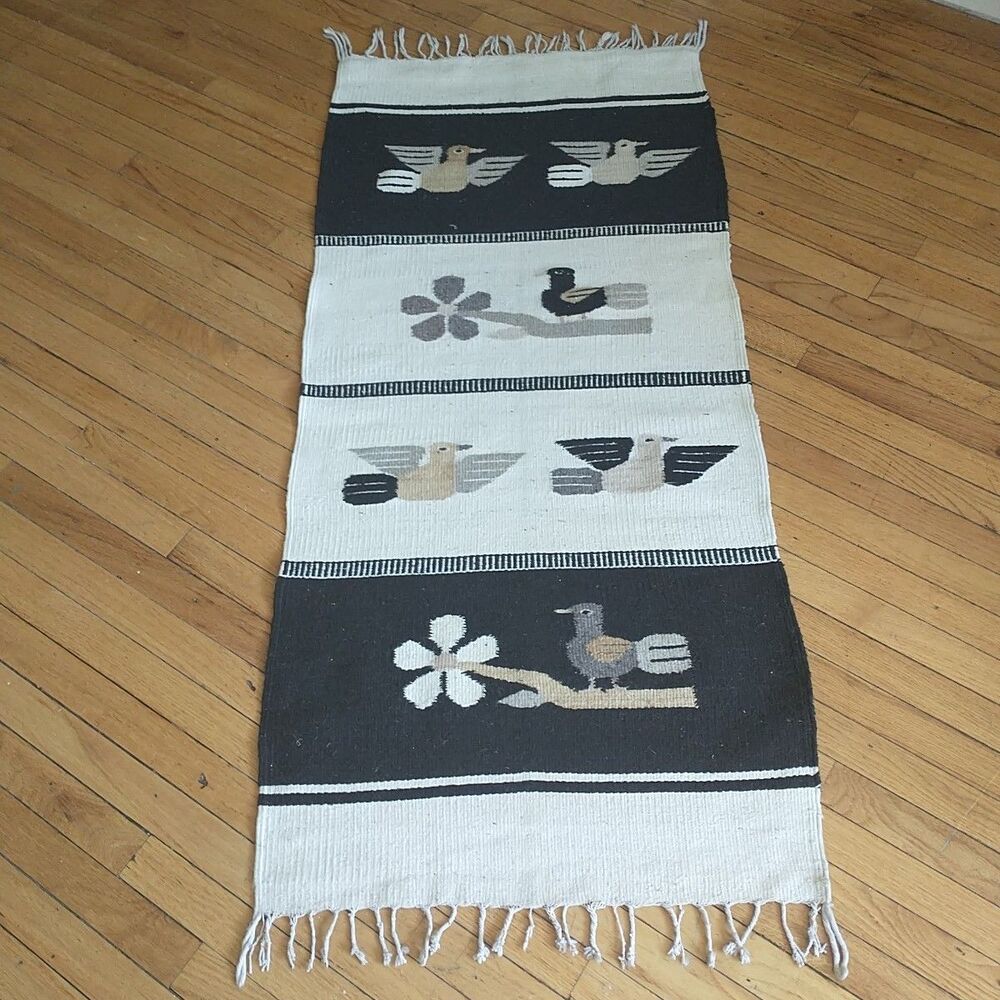 Vtg Zapotec Mexican Tapestry Wall Hanging Birds Wool Hand Woven Southwest 26x59" - Picture 8 of 12